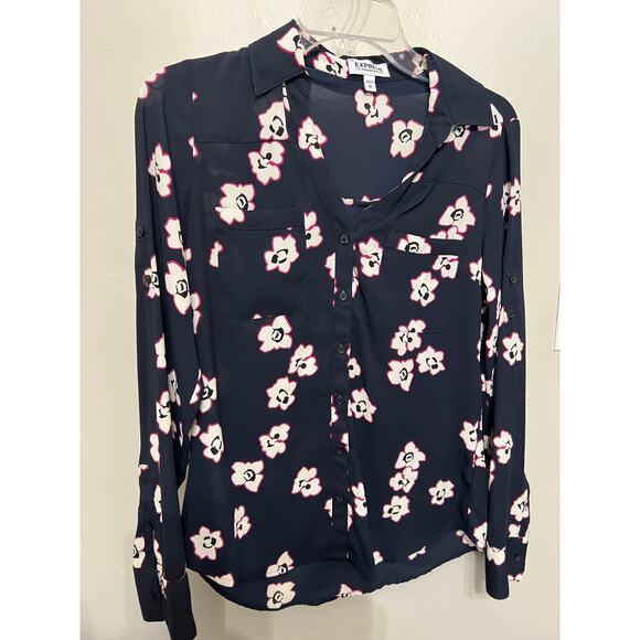 Express Tops - EXPRESS PORTOFINO DARK NAVY BLUE FUCHSIA FLORAL BLUE TOP BUTTON UP EUC XS